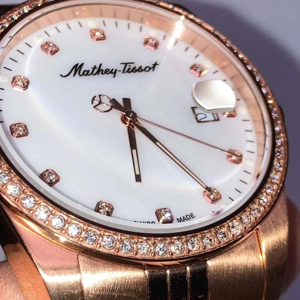 Mathey Tissot H709 rose gold tone, white textured dial, new battery, stainless